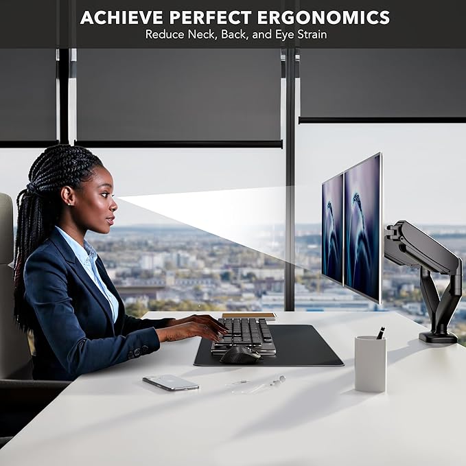 Mount-It! Dual Monitor Desk Mount, Two Independent Gas Spring Arms, Fits 13-32" Screens up to 17.6 lbs Each, VESA 75x75 & 100x100, Full Motion Tilt Swivel Rotate, C-Clamp & Grommet Base