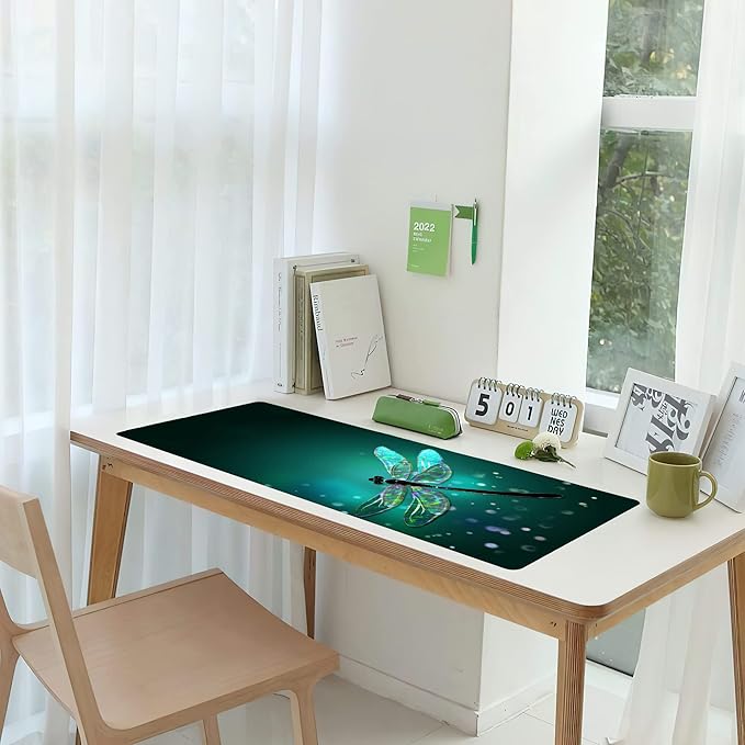 Dragonfly Gaming Desk Mat Large, Fantasy Green Dragonfly Extended Mousepad,Non-Slip Rubber Mouse Pad Stitched Edges,Desktop Decorative Accessories for Home Office 31.5" x 15.7"