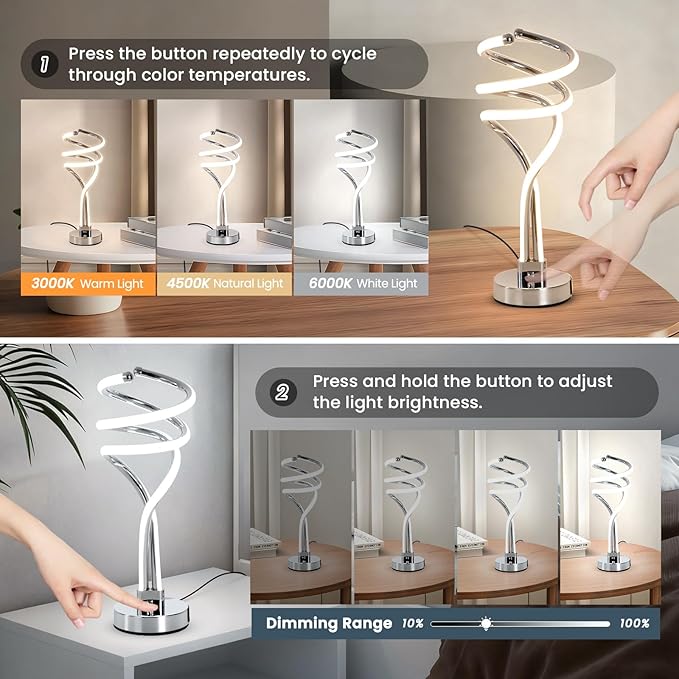 ElDISUNY Modern LED Table Lamp, 3 Color Temperatures,Touch Control CurveDimmable Bedside Table Lamps with USB Ports, Touch Control LED NightstandLamp, Desk Lamp for Living Room, Bedroom -Silver