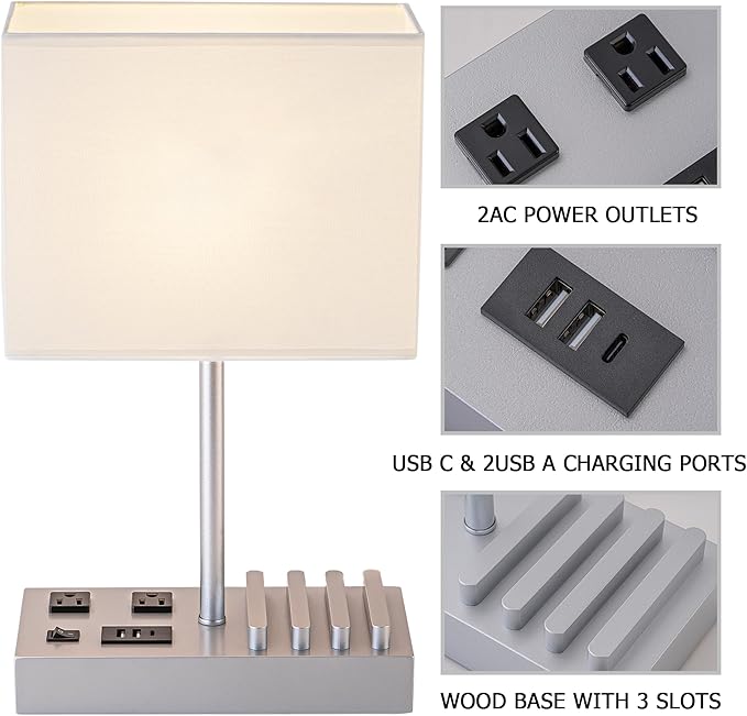 Dreamholder Bedside Table Lamp with 3 USB Charging Ports, 2 AC Outlets and 3 Phone Stands, Modern USB Desk Lamp with Silver Wooden Base