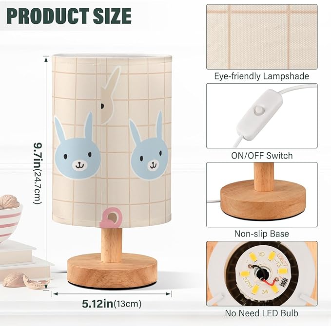 Cute Bunny LED Table Lamp, Bedside Lamp with Linen Lampshade, Flicker-Free Eye Care USB Plug in Nightstand Lamp, for Bedroom and Office