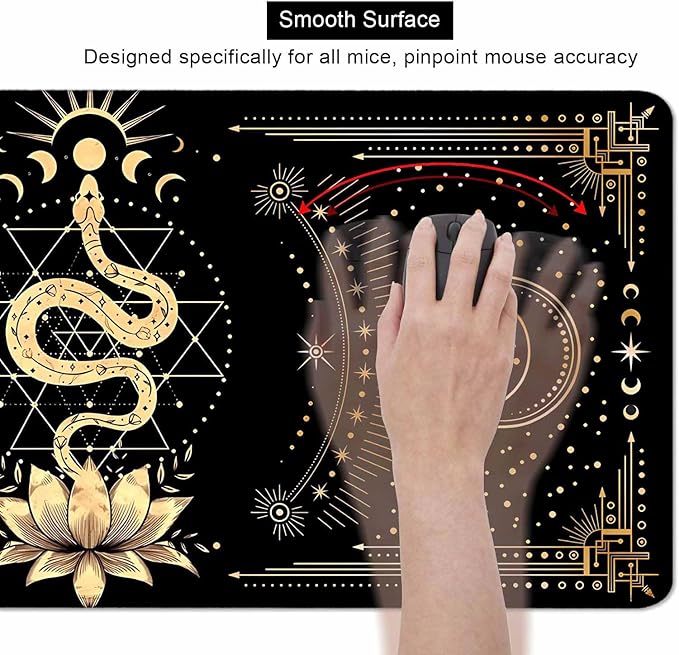 Black & Gold Large Mouse Pad, Boho Snake Witch Desk Mat for Desktop, Women Gaming Full Desk Mousepad, Moon Phases Computer Laptop Protector Writing Pad for School Office Home 35.4x15.7 in