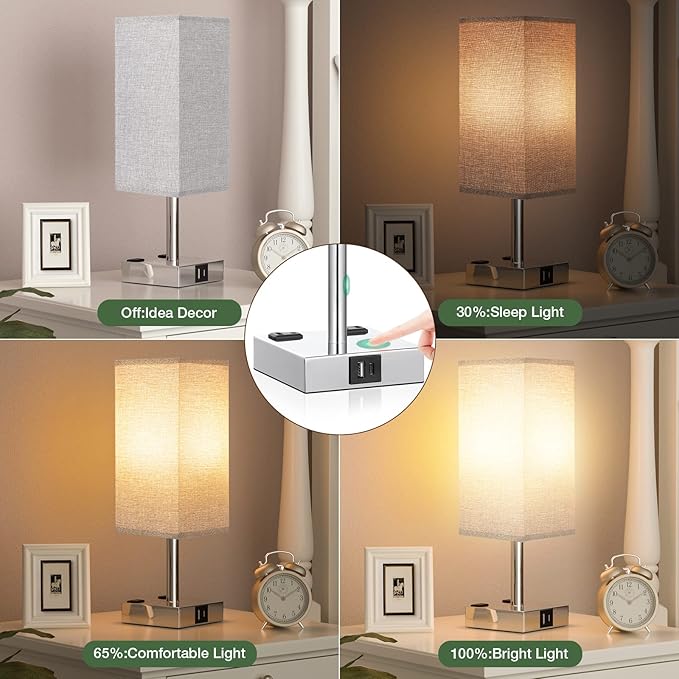 aooshine Gray Set of 2 Touch Lamp with USB Port-Nightstand Lamp with USB-C+A Charge Ports& AC Outlets, 3-Way Dimmable Bedside Lamp with Shade,Small Table Lamp for Bedroom Living Room(Bulb Included)
