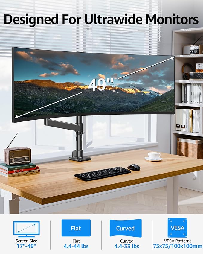 MOUNTUP Heavy Duty Monitor Arm Fits 49 45 42 40 39 34 32 Inch Screens, Ultrawide Monitor Arm Holds 4.4-44 lbs, Monitors Stand for Samsung Odyssey G9 and More, Height Adjustable Mount, VESA Mount