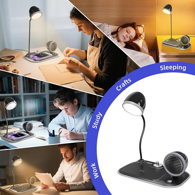 3-in-1 LED Desk Lamp with 15W Wireless Charger & Exclusive Bluetooth Speaker, 360° Gooseneck, 3 Color Modes Dimmable, 800LM CRI 85, Space-Saving for Home Office, Dorm, Bedroom (Black)