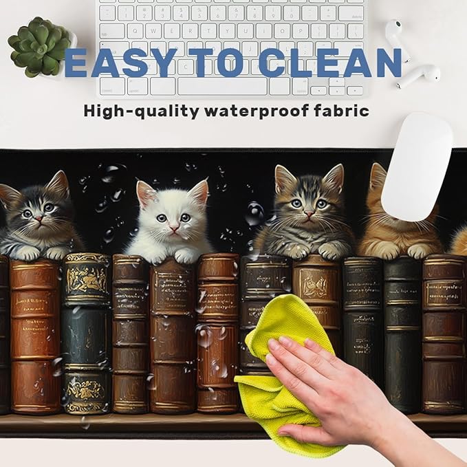 Library Cat Gaming Mouse Pad Large Desk Mat Vintage Bookshelf Kitten Mousepad Computer Keyboard Pad Mouse Mat Laptop Mat 31.5 x 11.8 Mouse Pads for Desk Home Office Gaming