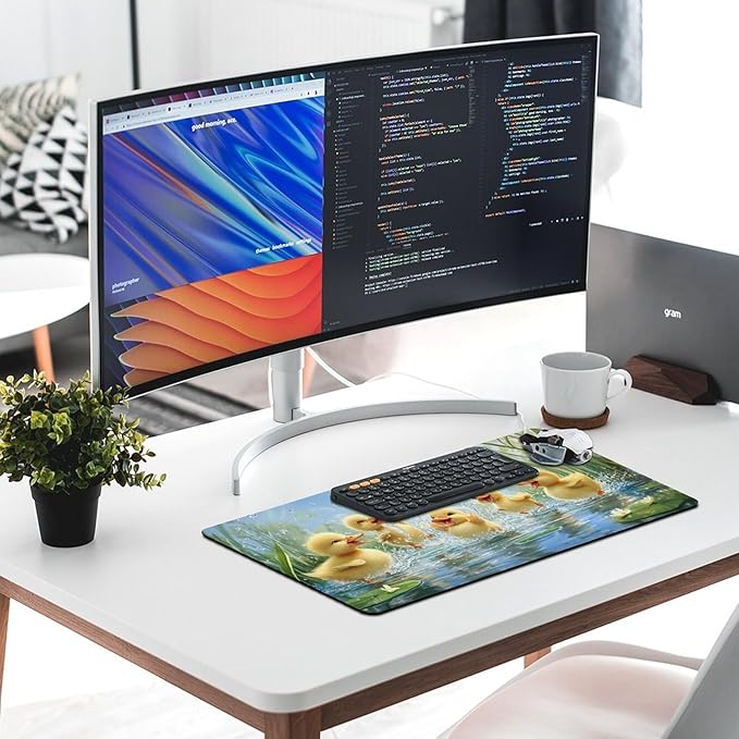 Large Ergonomic Gaming Mouse Pad Playful Ducklings in Pond - Cute Waterfowl Theme with Non-Slip Base Water-Resistant Surface and Stitched Edges 40X75cm