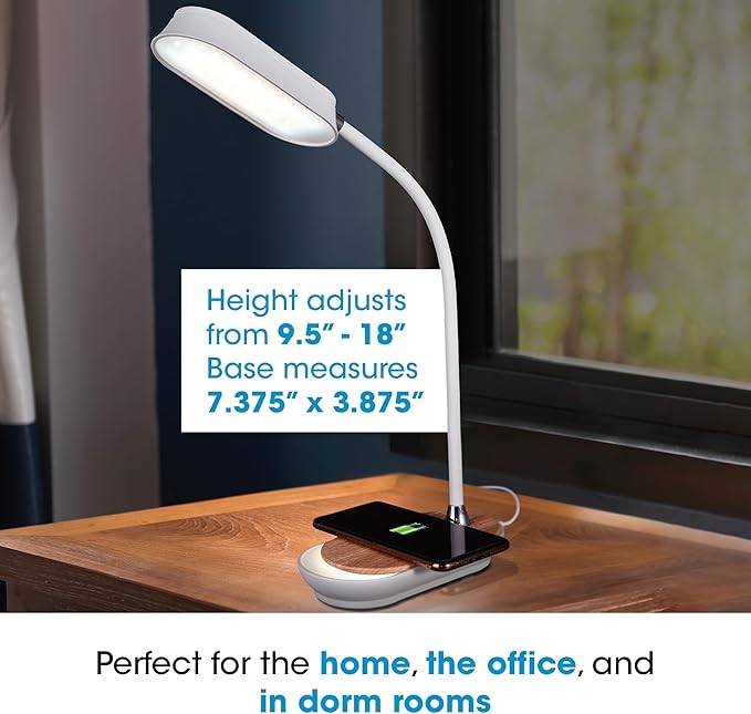 Ottlite Inspire LED Desk Lamp with Wireless Charging - ClearSun LED Technology - Flexible Neck, Dimmable with Touch Controls & Night Light Feature - for Offices, Dorm Rooms, & Bedside Tables