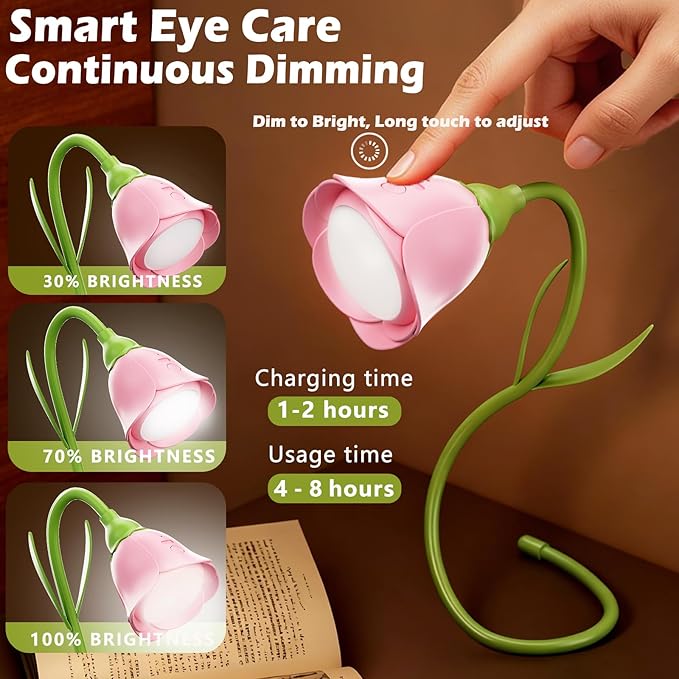 Rose Flower Lamp Rechargeable Reading Light for Bed,3-Color Modes Adjustable Brightness Small Night Light Neck Reading Light,Festival Gifts for Kids Mom Girlfriend Grandma (Pink)