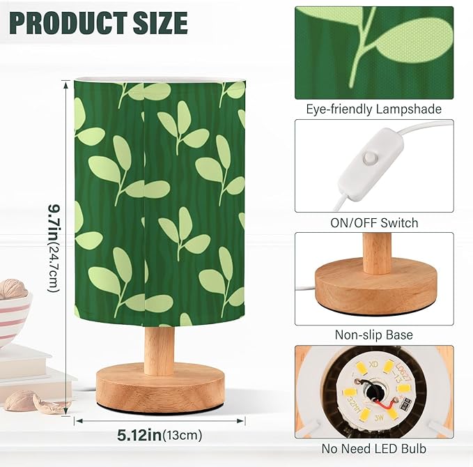 Green Leaf LED Table Lamp, Bedside Lamp with Linen Lampshade, Flicker-Free Eye Care USB Plug in Nightstand Lamp, for Bedroom and Office