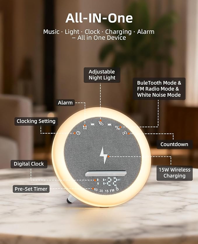 Wireless Alarm Clock, 15W Wireless Charging Station, Bluetooth Speaker Table Lamp for Bedroom Bedside, Dorm, Gifts for 13 Year Old Girls & Teenagers, White Noise Clock with Night Light