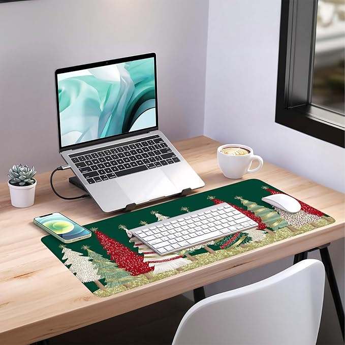 Christmas Tree - Green Extended Gaming Mouse Pad 35.4x15.7Inch Large Desk Mat Anti-Slip Rubber Base & Durable Stitched Edges for Gamers Smooth Mouse Writing Surface for Desk Office/Home