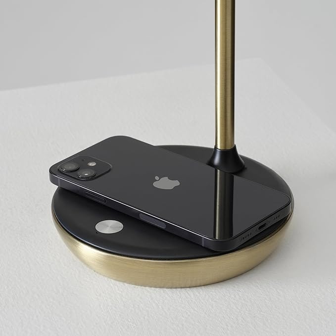 Brightech Ezra Office Desk Lamp – Wireless Charging Pad and Color Temperature Changing Light Options – Living Room or Den Table Light for Art Deco, Mid-Century, Contemporary Décor - Brass