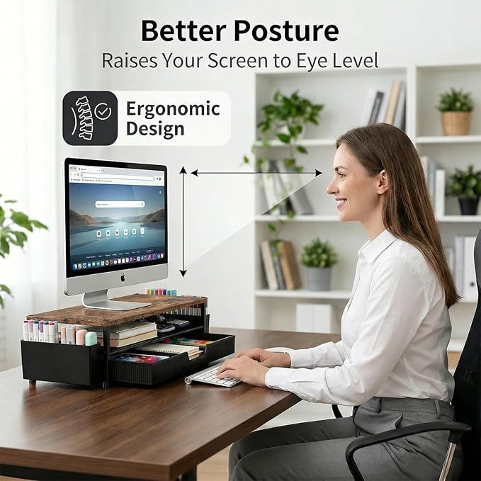 Desk Organizer and Accessories, 2-Tier Computer Monitor Stand Rise with Storage Drawer & 2 Pen Holders, Laptop & Printer Stand for Desktop, Workspace Organizers for Office Supplies (Brown)