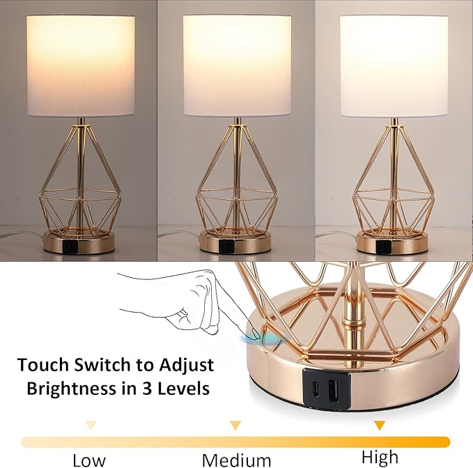 Table Lamp with USB Port, 3 Way Dimmable Touch Lamps for Nightstand, Modern Small Bedside Lamp with Fabric Shade, Gold Side Table Lamp for Bedroom Living Room, USB A & USB C, LED Bulb Included