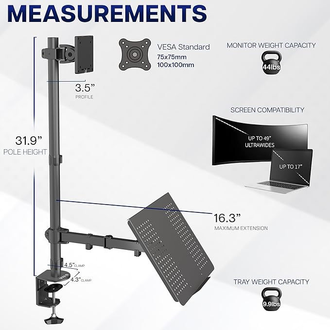 VIVO Extra Tall Desk Mount for up to 49 inch Ultrawide and Tray for up to 17 inch Laptop, Clamp-on Adjustable Stand Holds 44 lb Screens, VESA up to 100x100, Black, STAND-V012C