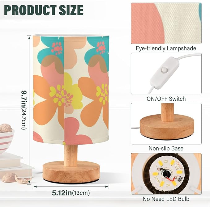 Teal Floral LED Table Lamp, Bedside Lamp with Linen Lampshade, Flicker-Free Eye Care USB Plug in Nightstand Lamp, for Bedroom and Office