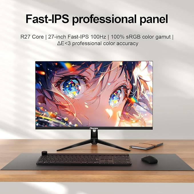 27 Inch Computer Monitor, 100Hz FHD 1080P, Fast-IPS Panel FreeSync Support, 100% sRGB, Eye Care, Frameless 3-Side Borderless Design, HDMI & VGA Ports 100x100mm VESA Mountable (R27 Core)