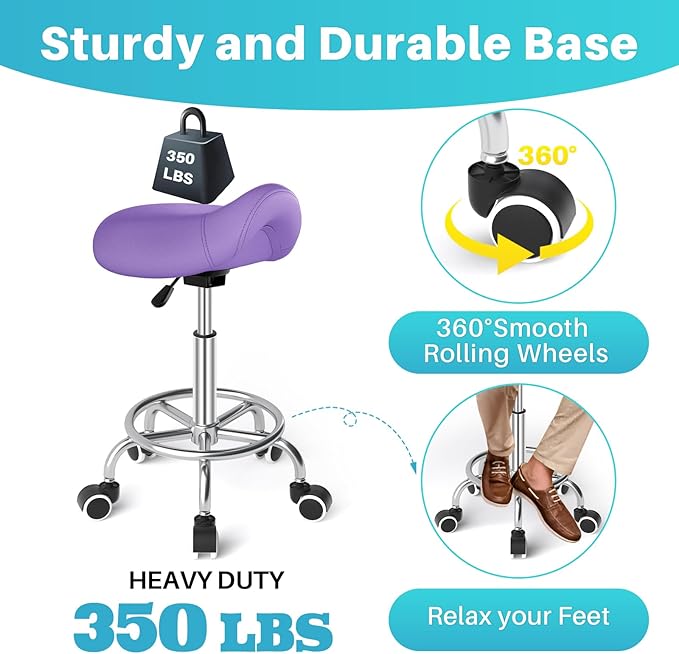 YEEZEE Saddle Stool Ergonomic- Comfortable Rolling Saddle Stool with Wide Thick Saddle Seat Padding, Swivel Adjustable Saddle Chair with Wheels and Ring Pedal for Medical Massage Salon (Purple)