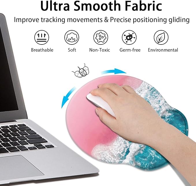 Britimes Blue Sea Pink Sand Beach Ergonomic Mouse Pad Set with Wrist Rest Non-Slip Rubber Base Wrist Cushion Support and Coasters Mousepad with Wrist Support for Computer Keyboard and Desk
