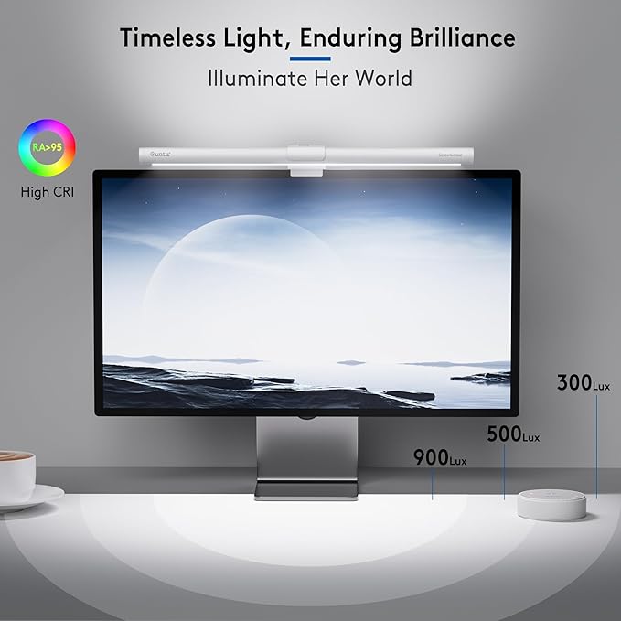 Quntis Monitor Light Bar with Remote, Eye-Care No Glare, Space Saving Home Office Desk Lamp (White), Stepless Dimming, Easy Setup LED Computer Light Backlight for Curved Gaming Monitors Reading Study