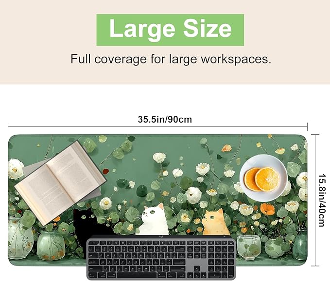 Desk Mat, XXL Extended Gaming Pad for Desktop, 31x12 Inches Floral Cats Three Kittens with Flowers, Large Non-Slip Vegan Leather Surface with Stitched Edges, Keyboard Mouse Mat for Home Office