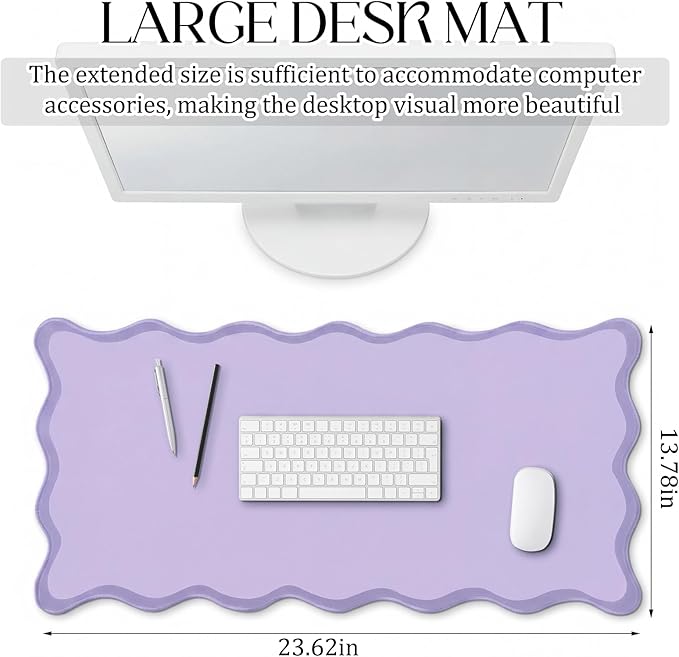 Scalloped Desk Mat Large Scalloped Piping Cute Desk Mat Aesthetic Preppy Table Pad Large Nonslip Pad with Edge Stitching Waterproof Gaming(Purple,23.62 x 13.78 Inches)