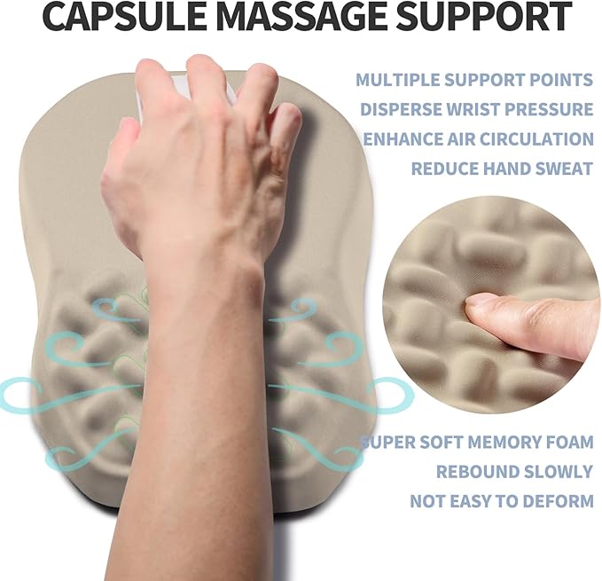 Ergonomic Raised Mouse Pad Wrist Support with Bilateral Slope Memory Foam Mousepad for Wrist Rest and Carpal Tunnel 11.8x7.9〃 Khaki