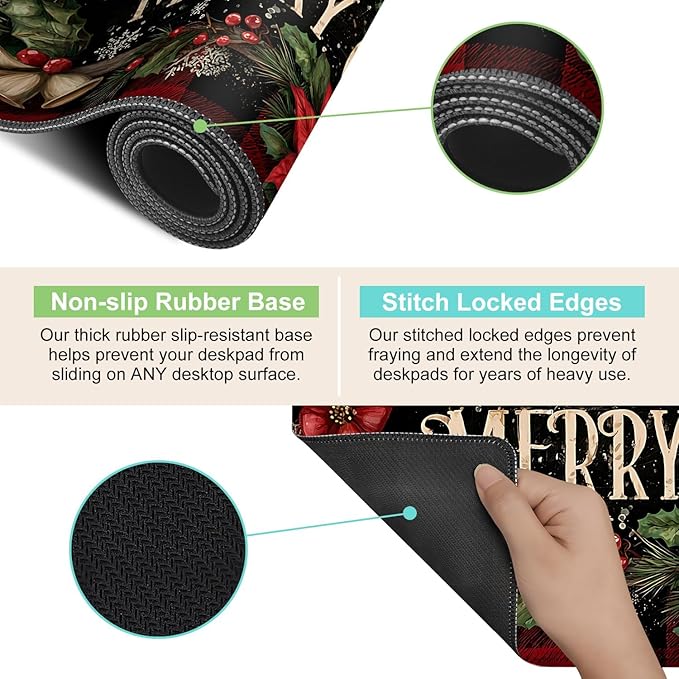Desk Mat, XXL Extended Gaming Pad for Desktop, 35x16 Inches Floral with Flowers, Large Non-Slip Vegan Leather Surface with Stitched Edges, Keyboard Mouse Mat for Home Office