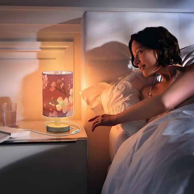 Red Cherry Blossom LED Table Lamp, Bedside Lamp with Linen Lampshade, Flicker-Free Eye Care USB Plug in Nightstand Lamp, for Bedroom and Office