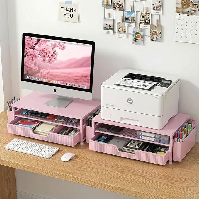 Desk Organizer and Accessories, 2-Tier Computer Monitor Stand Rise with Storage Drawer & 2 Pen Holders, Laptop & Printer Stand for Desktop, Workspace Organizers for Office Supplies (Pink)