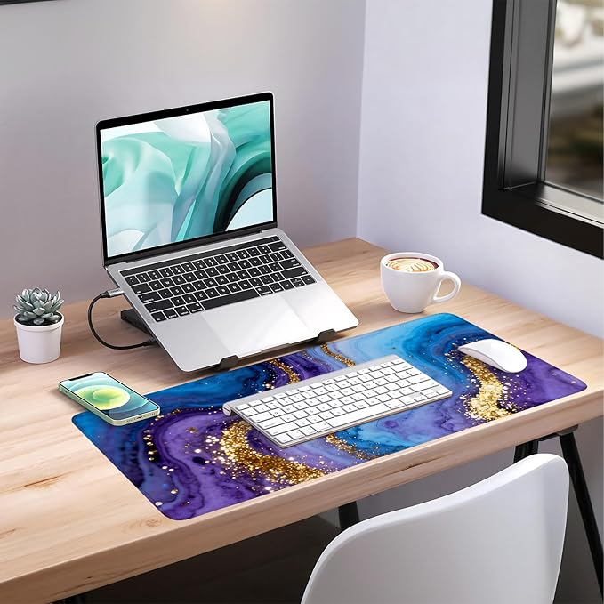 Blue Marble Extended Gaming Mouse Pad 35.4x15.7Inch Large Desk Mat Anti-Slip Rubber Base & Durable Stitched Edges for Gamers Smooth Mouse Writing Surface for Desk Office/Home