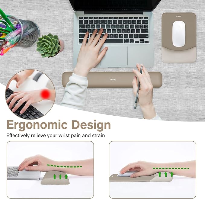 MOSISO Wrist Rest Support for Mouse Pad&Keyboard Set, Rectangular Ergonomic Mousepad Non-Slip Base Home/Office Easy Typing Pad with Neoprene Cloth&Raised Silicone Lining, Bronze Brown