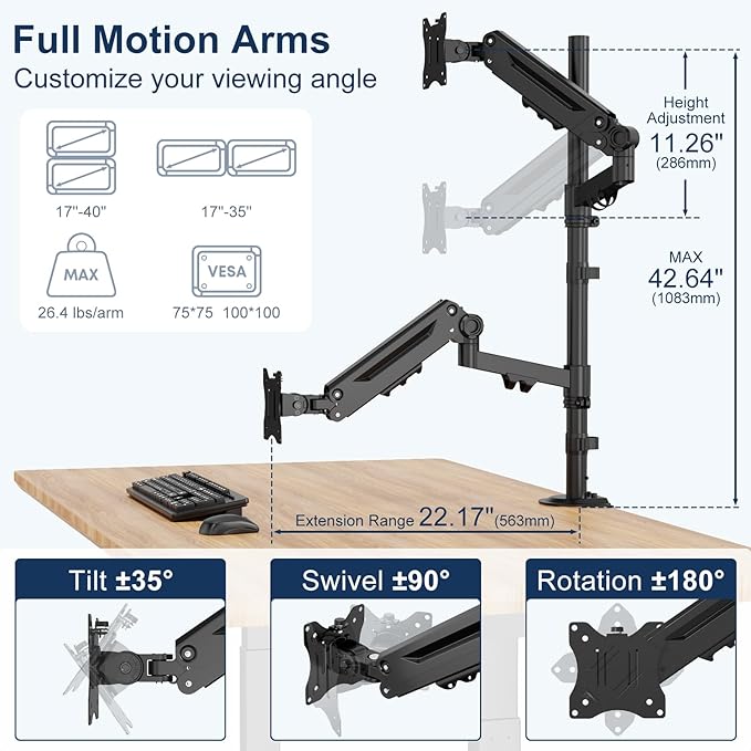 Stacked Monitor Mount - Extra Tall Vertical Monitors Stand for 17-40 Inch Screen, Fully Adjustable and Hold 26.4 lbs per Arm, VESA 75/100 mm