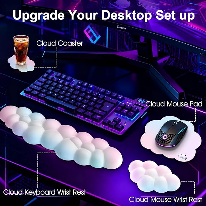 Cloud Wrist Rest for Computer Keyboard, 4-in-1 Memory Foam Leather Cloud Keyboard Wrist Rest and Mouse Pad Set with Ergonomic Support for Arm and Palm Cushion, Gaming/Work Setup, Rainbow