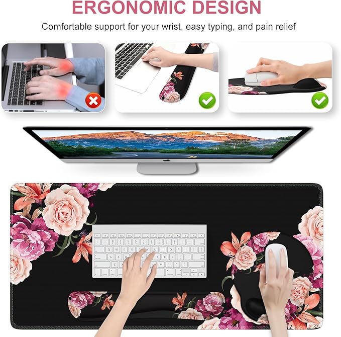 iLeadon Mouse Pad Set, Desk Mat + Mouse Pad with Wrist Rest + Keyboard Wrist Rest + Coaster, 4in1 Mouse and Keyboard Pad Set for Home Office, Peony Flowers