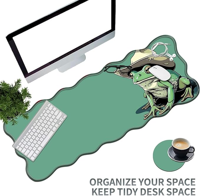 Green Frog Large Gaming Mouse Pad Plus a Coaster, 31.5 x 11.8 inches Desk Mat Extended XL Mousepad with Stitched Edge Non-Slip Rubber, Desk Pad Computer Mouse Mat for Home Office