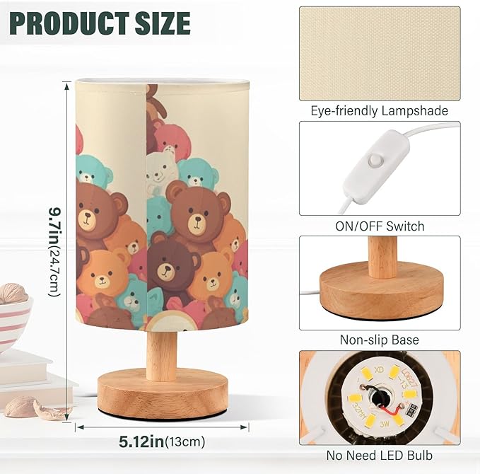 Bear LED Table Lamp, Bedside Lamp with Linen Lampshade, Flicker-Free Eye Care USB Plug in Nightstand Lamp, for Bedroom and Office