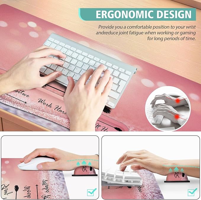 Desk Mat Pad, XXL Large Gaming Mouse Pad with Wrist Rest Wrist Support, 4in1 Desk Pad Set with Ergonomic Design Non-Slip for Home Office Gaming(Blue and Pink Quotes)