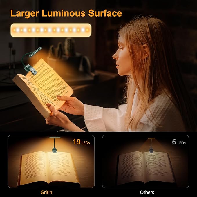 Gritin 19 LED Rechargeable Book Light for Reading in Bed with Memory Function- Eye Caring 3 Color Temperatures,Stepless Dimming Brightness,90 Hrs Runtime Clip on Light for Book Lovers-Blackish Green