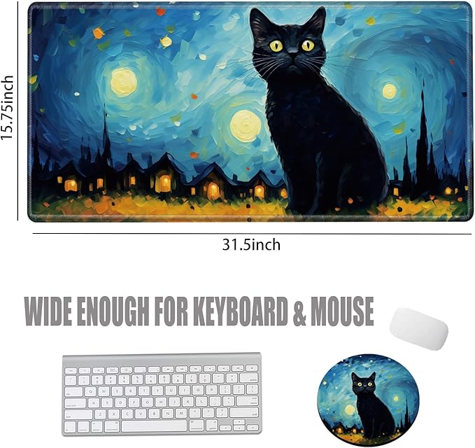 Large Mouse Pad Gaming Desk Mat Black Cat Mousepad XXL 31.5''X15.75'' Desk Pad Extended Mouse Mat of Girl Desktop Computer with Coaster