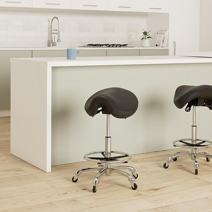 Saddle Tilting Stool Rolling Chair with Thicker Seat Swivel Ergonomic Height Adjustable Footrest Wheels for Beauty Spa Salon Dental Medical Clinic Kitchen Home Office Shop Bar Black