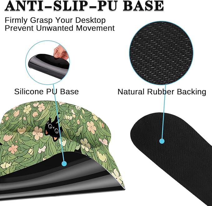 Arttown Cute Black Cat Desk Mat Pink Flower Green Leaves Mouse Pad Set 4 in 1 Ergonomic Design Large Desk Pad + Keyboard Wrist Rest + Mouse Wrist Rest + Coaster Suitable for Home Office Study Game