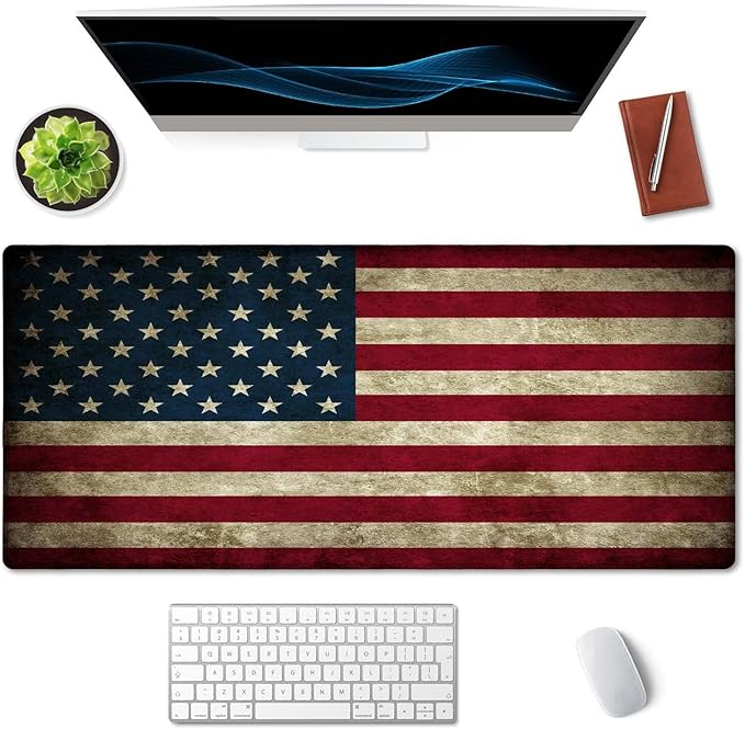 SSOIU Vintage American Patriotic US Flag Mouse Pad 35.5 X 15.7 Inch XXL Full Desk Mousepad Extended Large Non-Slip Rubber Base Waterproof Big Keyboard Mat with Stitched Edges for Gaming and Office