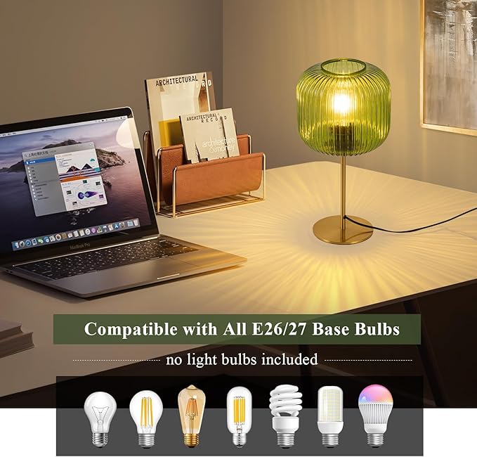 Vintage Glass Table Lamps, Small Green Bedside Table Lamp with Plug-in Style, Mid Century Modern Globe Nightstand Lamp for Bedroom, Gold Desk lamp for Bedroom Living Room Office
