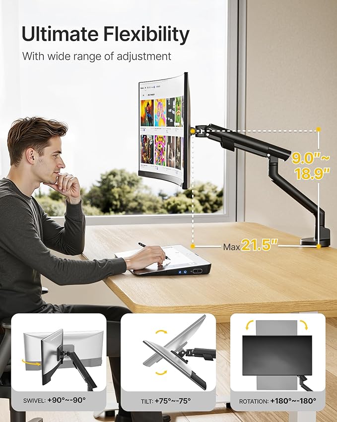 monTEK Single Monitor Arm for 17-40 Inch Screens, Heavy Duty Full Motion Monitor Mount Up to 24.3lbs, Aluminum Monitor Stand with VESA 75/100mm, C-Clamp/Grommet Base for Curved Screens