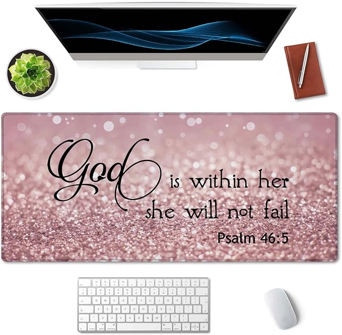 SSOIU Bible Verse Mouse Pad 35.5 X 15.7 Inch XXL Full Desk Mousepad Extended Large Non-Slip Rubber Base Waterproof Big Keyboard Mat with Stitched Edges - PSALM 46:5 God is Within Her,She Will not Fall