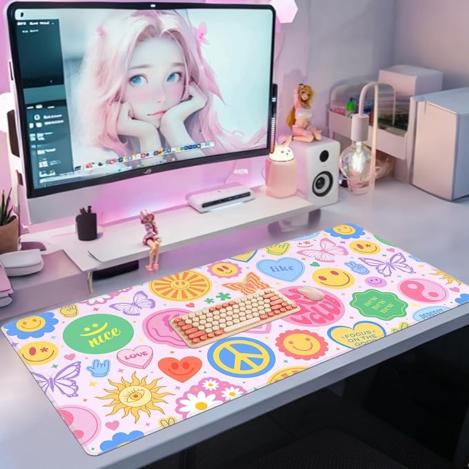 Baziabbo Desk Mat,XXL Extended Large Mouse Pad,Gaming Mousepad with Stitched Edge,Non-Slip Rubber Base Keyboard Desk Pad for Home Office Study Game(Y2-Pink)