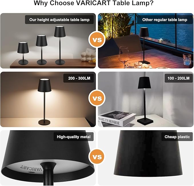 Black Cordless Table Lamp Set of 2 - 8-20 Inches Adjustable Height, 5000mAh Rechargeable Battery LED Desk Lamp, 3 Color Stepless Dimmable, Portable Waterproof Metal Table Light for Indoor/Outdoor