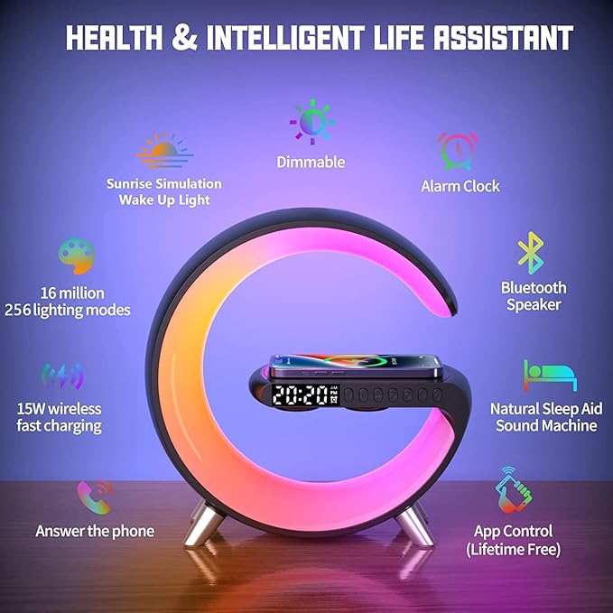 DEECOZY Multi Functional Wireless Charger Atmosphere Lamp, Intelligent Bluetooth Speaker LED Table Lamp,256 Lights Mode Dimmable Night Light Bedside Lamp Alarm Clock with Music Sync App Control(Black)